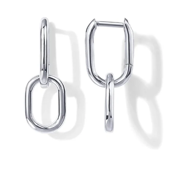 14K White Gold Plated Huggie Chain Link Drop Dangle Hoop Earrings - Picture 5 of 5